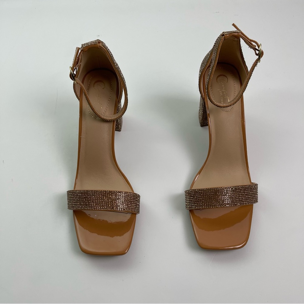 Gold Strappy Sparkly Jewel Open Toe Square Heel Shoes